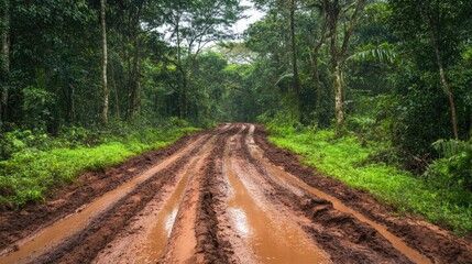 Aufkleber - Dirt road surrounded by lush greenery and mud in a serene forest setting showcasing dark earthy tones and vibrant foliage
