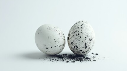 Aufkleber - Dirty eggs with speckles of dirt on a clean white background highlighting natural imperfections and organic aspects of food photography.