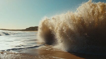 Poster - Powerful ocean waves crashing onto a sandy beach under a clear sky creating a dramatic seascape atmosphere