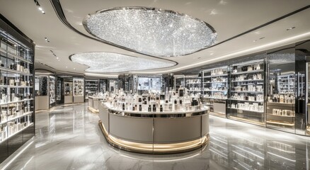 Poster - A luxurious perfume store featuring elegant displays and modern design.