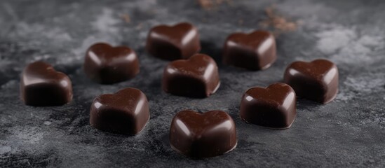 Poster - Heart shaped chocolate confections arranged on a dark concrete surface perfect for Valentine's Day or sweet treats advertising