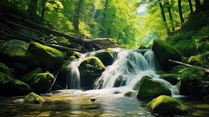 Poster - Breathtaking mountain waterfall cascading over mossy rocks amidst a serene lush green forest environment in pristine nature.