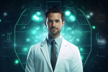 Poster - Confident medical scientist analyzing data with a futuristic interface, exploring new technologies for healthcare innovation