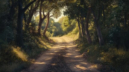 Aufkleber - Serene dirt road winding through lush greenery surrounded by trees in soft sunlight inviting exploration and tranquility.