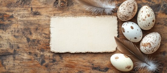 Poster - minimalist easter banner with decorative eggs and feathers on a rustic wooden surface featuring a bl