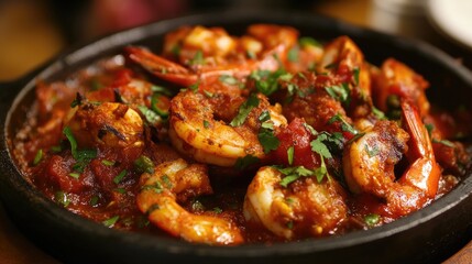 Poster - Sizzling shrimp dish garnished with greens served in a rustic skillet on a restaurant table