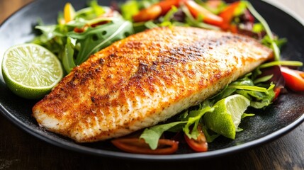 Aufkleber - Healthy fish fillet served with fresh salad and lime on a rustic wooden table in a vibrant culinary presentation