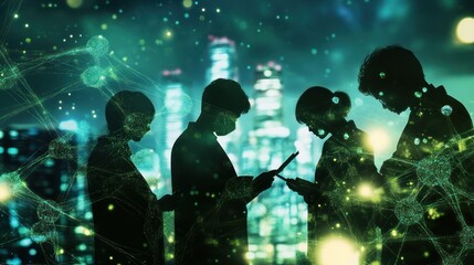 Poster - Silhouetted figures interacting with technology against a city backdrop, symbolizing connection.