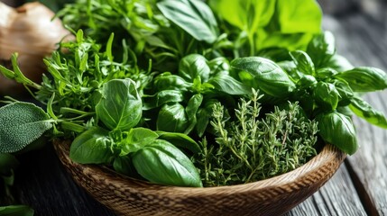 Poster - Freshly picked herbs in a wooden bowl showcasing vibrant flavors for culinary use and gourmet cooking aesthetics.