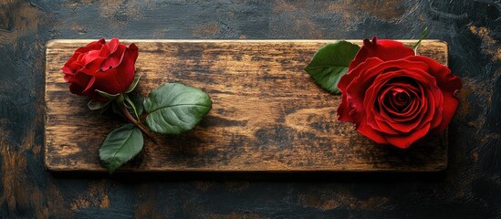 Aufkleber - Romantic still life of red roses on a wooden board against a dark backdrop perfect for Valentine's Day with space for text or messages