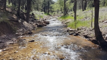 Aufkleber - Serene rocky stream winding through a lush forest of trees on a bright sunny day