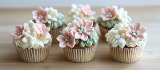 Poster - Deliciously decorated cupcakes featuring buttercream and marshmallow flowers on a rustic wooden background ideal for dessert promotions