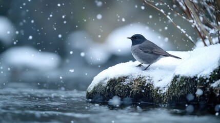 Aufkleber - Dipper bird perched on snowy riverbank during a serene winter snowfall scene
