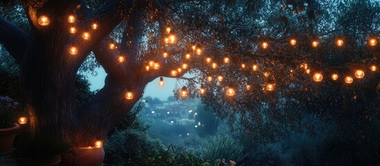 Poster - Elegant outdoor string lights illuminating a garden tree at night creating a warm and magical nighttime atmosphere
