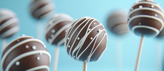 Poster - Theme-based chocolate cake pops elegantly arranged on a light blue background showcasing intricate white drizzles and decorative dots.