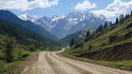 Aufkleber - Scenic dirt road winding through mountains under a bright blue sky with lush greenery and snow-capped peaks in the background.