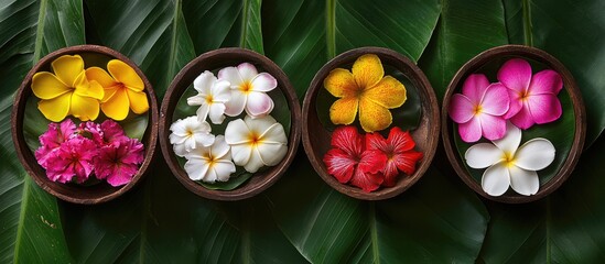 Poster - Colorful flower bowls with assorted blooms on green banana leaves for festive decoration and elegant ambiance during celebrations