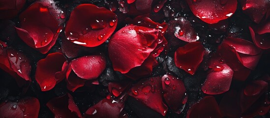 Aufkleber - Dew covered red rose petals resting on dark background showcasing natural beauty and elegance in floral detail.