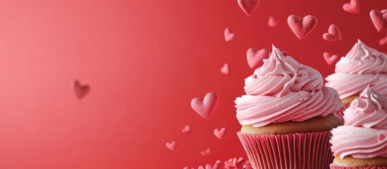 Poster - Pink pastel buttercream cupcakes with hearts on a vibrant red background perfect for Valentine's Day celebrations and sweet treats concept