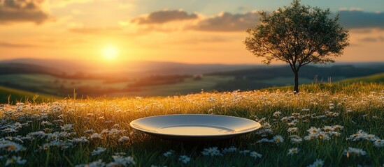 Poster - serene landscape with empty plate and solitary tree at sunset in blooming meadow with vibrant sky and gentle hills in background