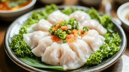 Aufkleber - Dumplings with white fish and herbs beautifully arranged on a plate garnished with greens and finely chopped scallions