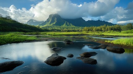 Poster - Lush Green Landscape with Mountains and Reflections in Calm Water Under a Clear Blue Sky