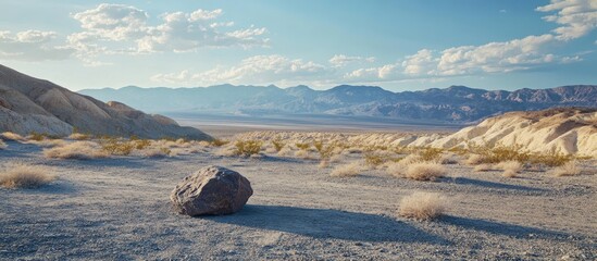 Aufkleber - Desert Landscape with Rocky Outcrop and Mountain Range under Blue Sky