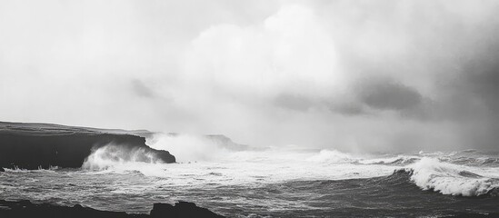 Aufkleber - Dramatic Black and White Seascape of the Devon Coast with Waves Crashing Against Cliffs Under a Stormy Sky