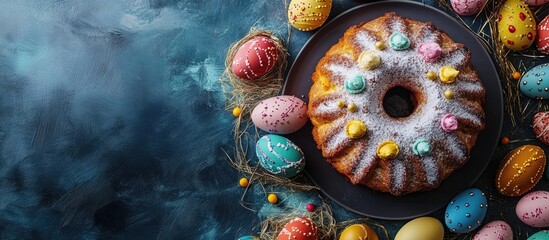 Poster - Easter celebration with colorful dyed eggs and a beautifully decorated cake on a dark textured background top view close up