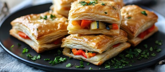 Poster - Savory Puff Pastry Bites Filled with Colorful Vegetables on a Black Plate