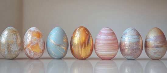 Aufkleber - Artfully decorated Easter eggs in soft pastel colors displayed in a row capturing the essence of festive celebrations and springtime elegance.