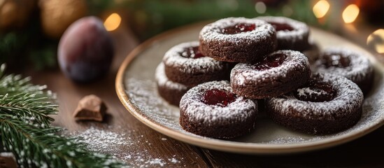 Poster - Festive chocolate gingerbread cookies filled with plum jam dusted with powdered sugar on a rustic wooden table