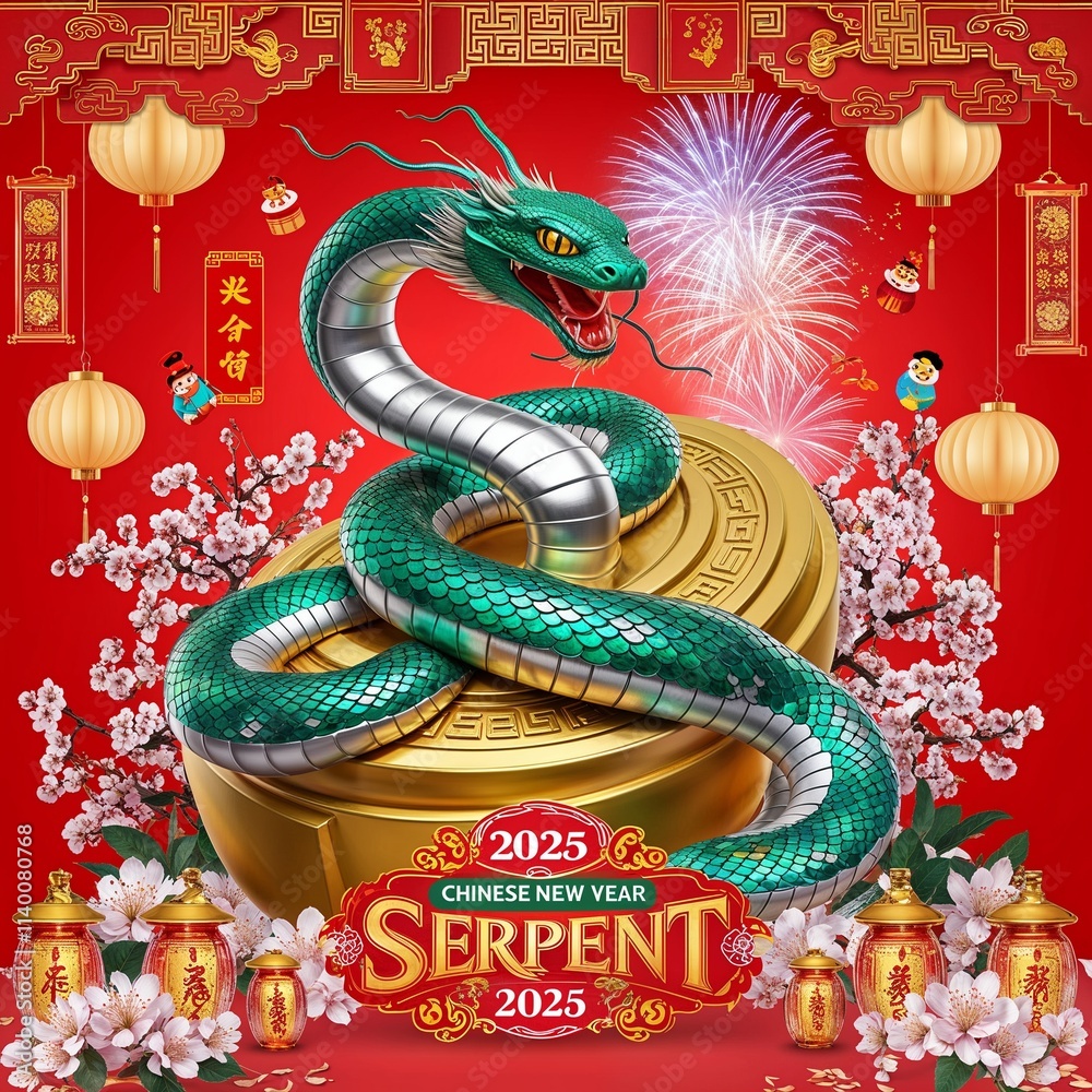 Ilustración de Stock Nouvel An Chinois 2025 Année du Serpent, célébration traditionnelle avec