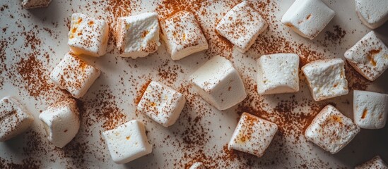 Poster - Handmade apple marshmallows sprinkled with cinnamon on a rustic background showcasing a delicious gourmet treat flat lay composition