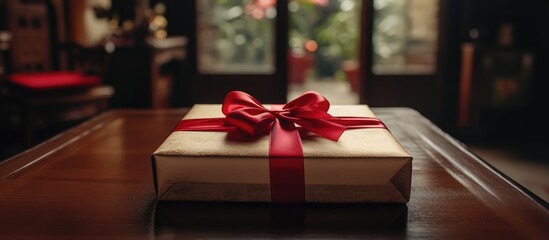 Poster - Gift box adorned with a red ribbon bow resting on a wooden table in a cozy indoor setting surrounded by festive decorations
