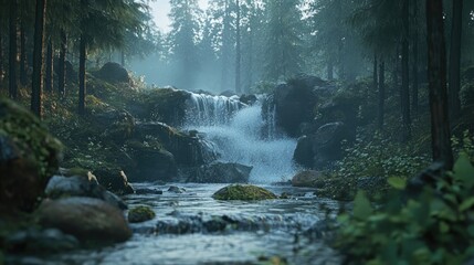 Poster - Serene forest waterfall cascading over rocks surrounded by lush greenery and misty atmosphere showcasing nature's tranquility