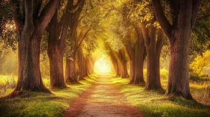 Poster - Serene dirt path winding through sunlit trees in a tranquil forest setting inviting a peaceful outdoor experience