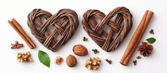 Aufkleber - Braided willow heart decorations with cinnamon sticks nuts and coriander displayed in an elegant top view arrangement on a light background
