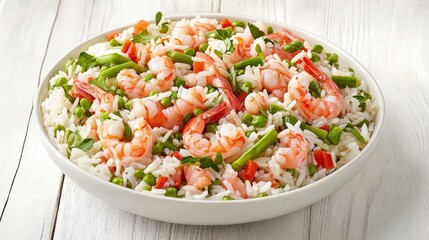 Poster - Shrimp rice dish with green asparagus and red bell pepper served in a white bowl on a rustic white wooden table background