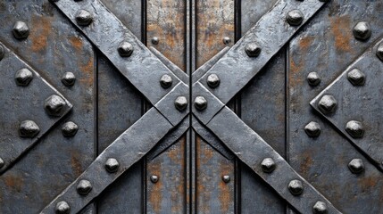 Poster - Rustic distressed metal door with rivets and cross pattern suitable for industrial and vintage design backgrounds.