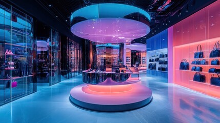 Poster - A modern retail space with vibrant lighting showcasing luxury bags and accessories.