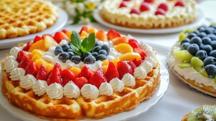 Poster - Children's dessert buffet featuring colorful fruit-topped waffles and cakes with fresh berries and creamy garnishes for a delightful treat.