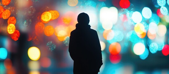 Aufkleber - Silhouette of a person in front of vibrant bokeh lights creating a dreamy urban atmosphere at night
