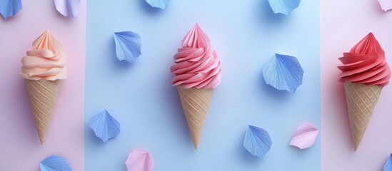 Aufkleber - Colorful paper ice cream cones arranged on a pastel background with decorative petals creating a playful and vibrant summer ambiance.