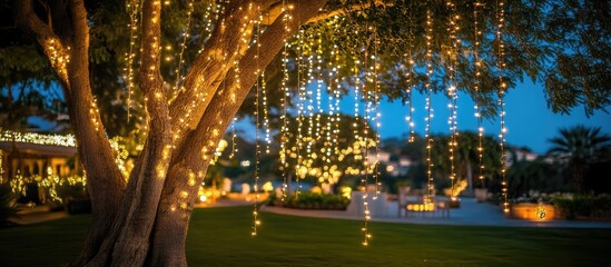 Poster - Enchanting night scene of outdoor string lights draped from a tree, illuminating a serene garden setting with a magical glow.