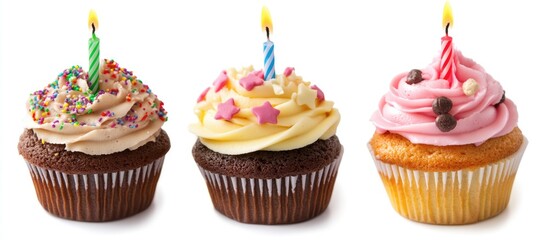 Poster - Colorful birthday cupcakes with candles on a white background perfect for celebration themes and festive occasions.