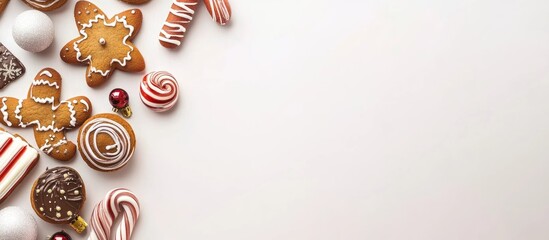Poster - Traditional colorful festive gingerbread cookies with decorations on a white background for Christmas top view holiday banner design