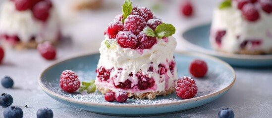 Poster - Raspberry tartlets adorned with whipped cream on a blue plate showcasing a delightful dessert with fresh berries against a light backdrop