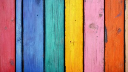 Aufkleber - Vibrant weathered wooden planks with a colorful paint texture showcasing rustic charm and artistic expression for design backgrounds