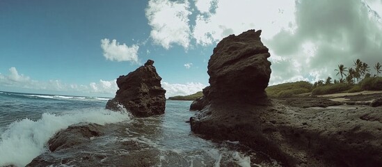 Poster - Coastal landscape featuring dramatic rock formations and crashing waves at Surf Rock under a clear blue sky.